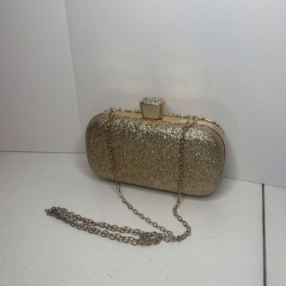 Designer Gold Jeweled Rhinestone Studded Evening Chain Clutch Purse Womens - Picture 6 of 8